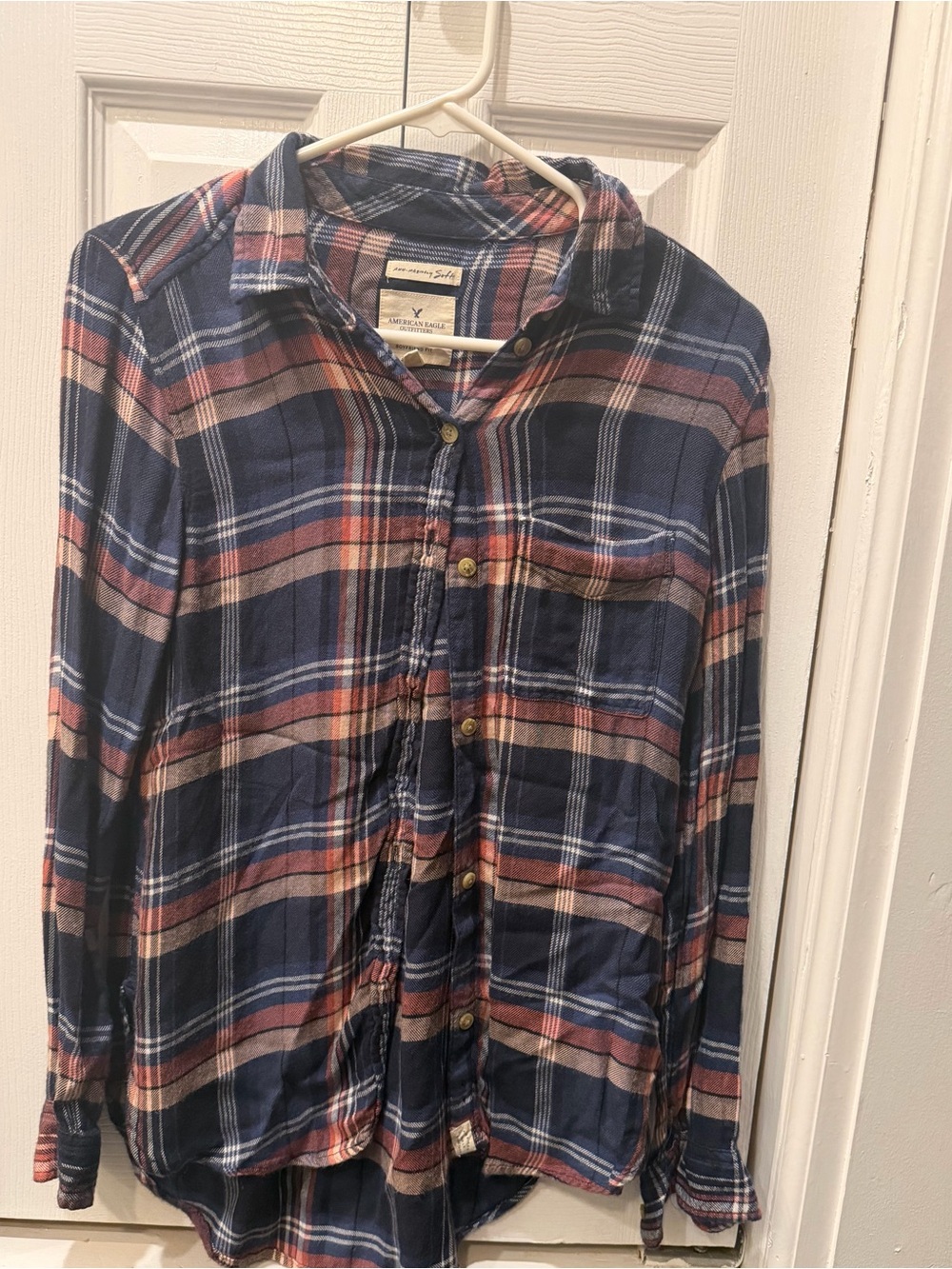 American Eagle Outfitters Navy and Red Plaid Button-Down Shirt